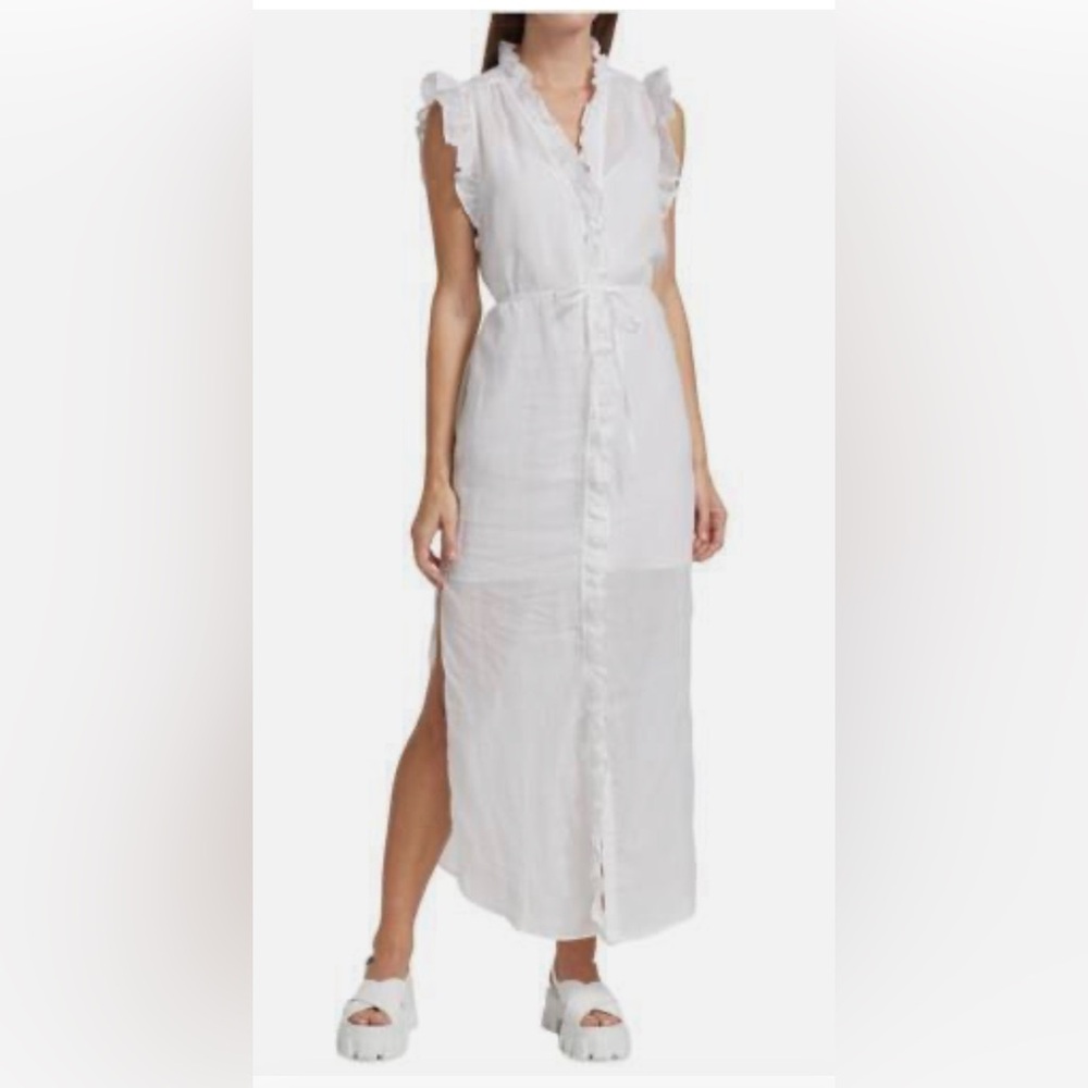 New Frame Lauren White Button-Front Ruffle Maxi Dress with Side Slit, Small